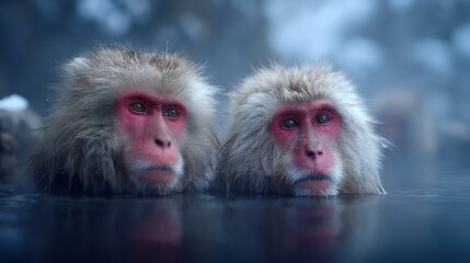 Naklejka premium Two snow monkeys soaking in a hot spring with misty background and peaceful expressions on their faces