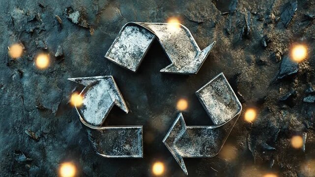 Metallic recycle symbol promoting environmental awareness and sustainability on textured background