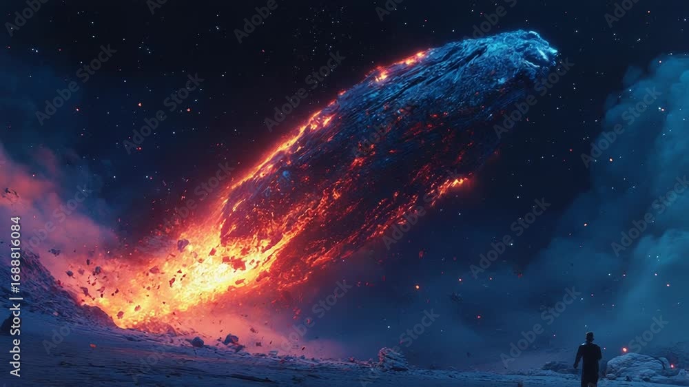 Poster burning meteor falling on frozen planet with astronaut watching