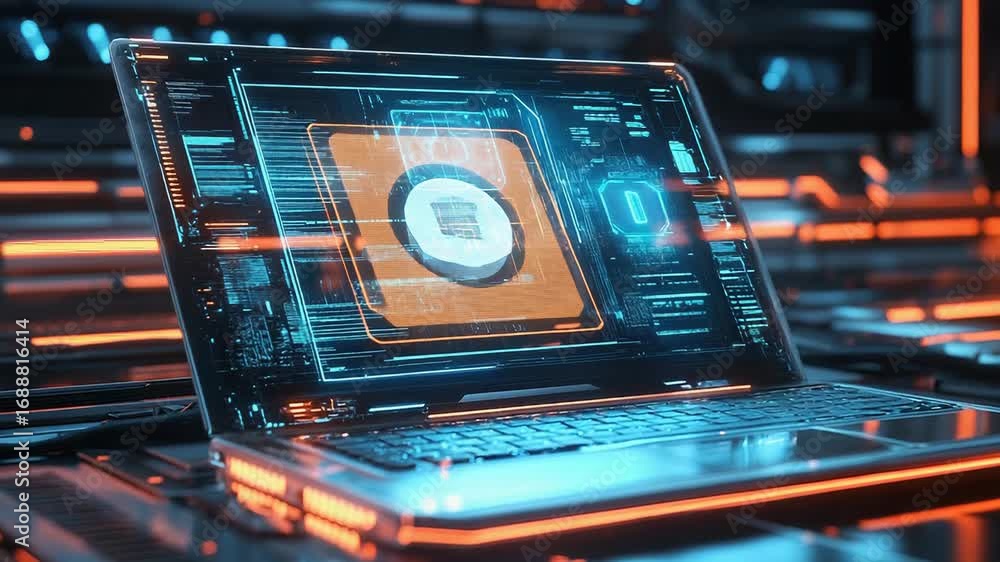 Aufkleber futuristic laptop displaying complex code in server room
