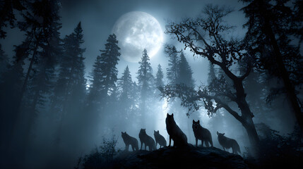 A Halloween banner Happy Halloween 2026 wallpaper hd realistic with moonlit forest, black wolves, and eerie glowing eyes