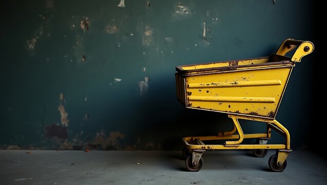 Yellow shopping cart vintage style rusted metal grocery cart antique design old wheels against dark background