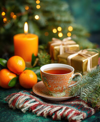 Festive scene with decorative teacup filled with tea, surrounded by lit candle, wrapped gifts, and fresh tangerines on cozy plaid cloth, evoking warmth and holiday cheer