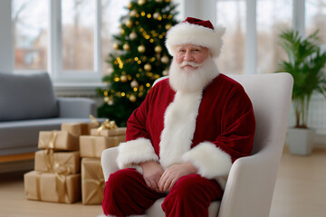 Fototapeta premium Holiday spirit shines with Santa in cozy living room setting