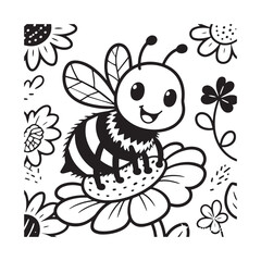 Charming Smiling Bee on Flowers with Playful Floral Whimsical Line Art.
