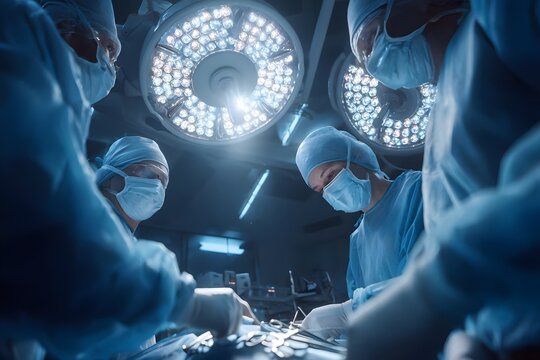 Surgeons in blue scrubs, bright surgical lights.