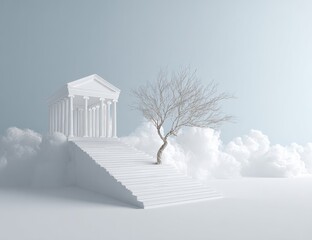 A minimalist, 3D rendered scene of a white temple on a stairway atop clouds, with a barren tree