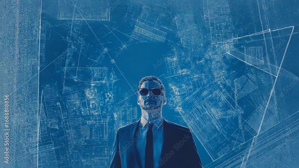 Aufkleber architect visualizing project with augmented reality glasses and blueprints