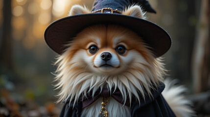 Pomeranian spitz dog in a witch costume, AI generated