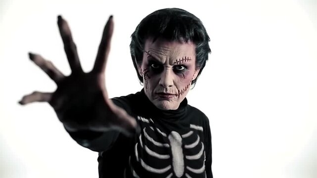 Intimidating Frankenstein Inspired Character with Stitched Face Makeup and Skeleton Costume Reaching Out on White Background for Horror