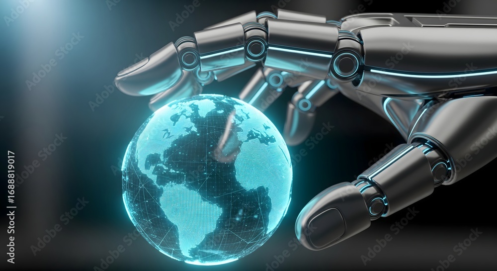 Poster robot hand holding a glowing digital globe representing global connectivity and artificial intellige