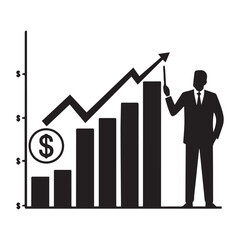 Flat Financial Growth Graph with Businessman Pointing Rising Trend Analysis.