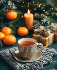Fototapeta premium Cozy scene with patterned cup of tea on knitted blanket, surrounded by fresh tangerines, lit candle, and wrapped gifts, creating warm holiday atmosphere