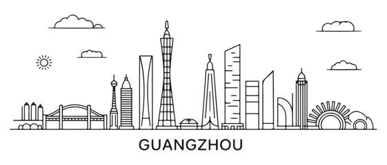 Obraz premium Guangzhou Line Art skyline. Travel Guangzhou famous landmarks. Business and tourism concept for presentation, banner, web site. with white background