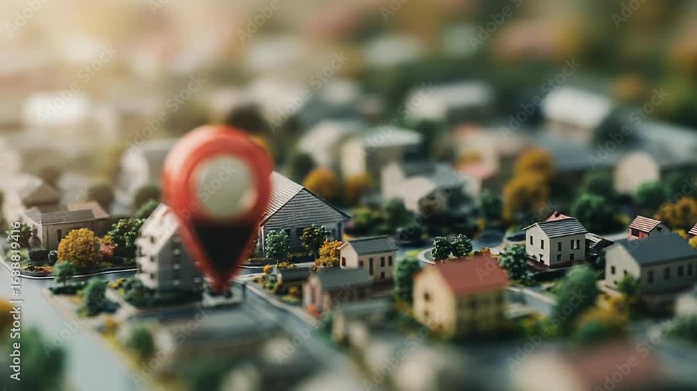 Poster red location pin hovering over miniature town model