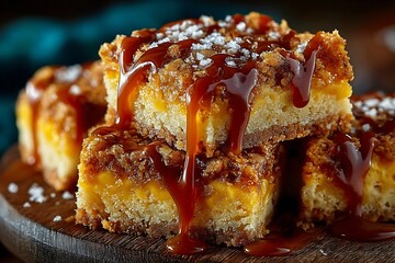 Indulgent caramel dessert bars drizzled with rich sauce and sprinkled with sea salt
