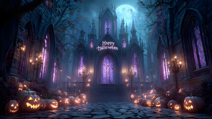 A Halloween banner Happy Halloween 2026 wallpaper hd realistic with dark castle interior and glowing stained glass windows