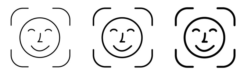 Smiling face recognition icons with happy emoji faces and scanning frames isolated on transparent background vector illustration