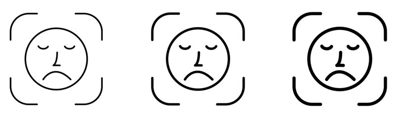 Sad face emotion icons with unhappy expressions inside face recognition frame isolated on white background vector illustration