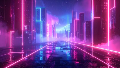 Fototapeta premium Neon-lit futuristic city street at night, reflecting vibrant pink and blue lights on a wet road.