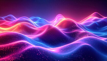 Abstract landscape of undulating waves illuminated with vibrant neon colors of pink, blue, and orange, creating a futuristic and dreamy atmosphere.