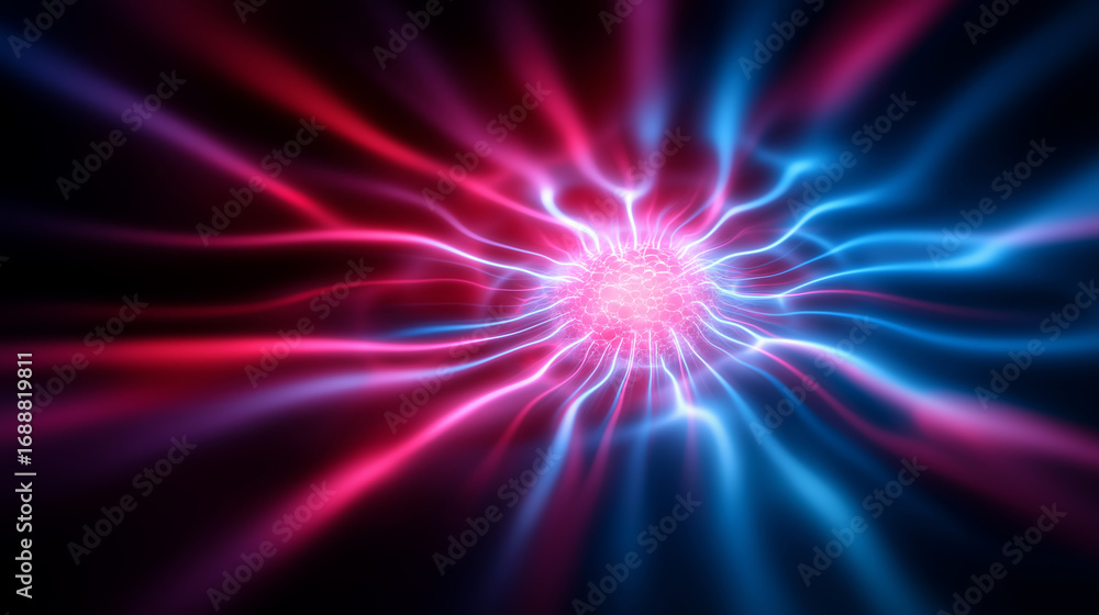Poster futuristic digital visualization of an abstract neural impulse in red and blue with radiating light 