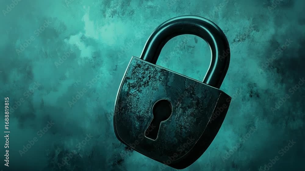 Aufkleber old rusty padlock breaking apart on teal background exploding into fragments