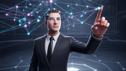 Businessman interacts with a network of glowing connections - Powered by Adobe