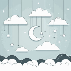 Illustration of Moon, Stars, Hanging Clouds