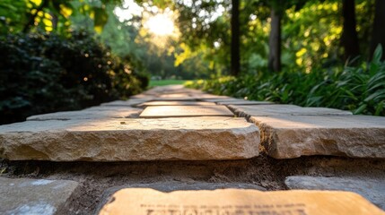 Sunlit stone path through lush greenery invites peaceful exploration and connection with nature