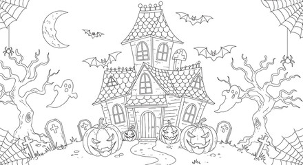 Fototapeta premium Haunted house illustration with pumpkins, bats, and ghosts for Halloween 