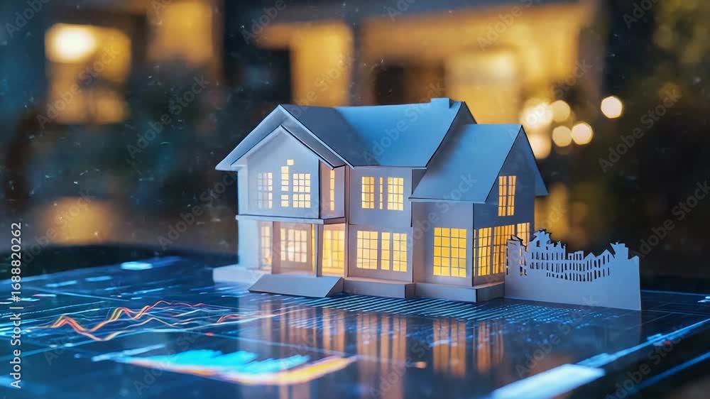 Poster illuminated model house sitting on tablet displaying graphs in the evening