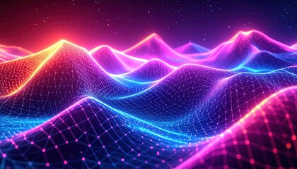 Abstract landscape of glowing, interconnected peaks and valleys, rendered in vibrant shades of pink, blue, and orange against a starry backdrop.