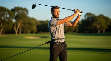 White male golfer in 30s mid-swing with driver using resistance band around torso anchored behind, balanced finish as coach points beside on practice fairway with trimmed turf