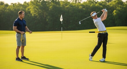 golf coach assisting player with swing using elastic resistance band on open training area with flag in distance, flat turf and trees on horizon, golden afternoon light creating dynamic practice scene