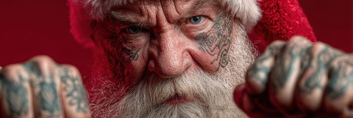 Unique Santa character with tattoos and intense expression on red background during festive season