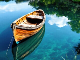 Obraz premium Rustic wooden boat on calm water