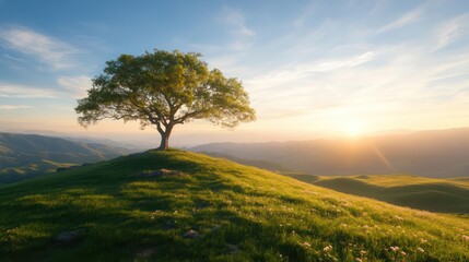 Solitary tree on grassy hill at golden hour in landscape evokes serenity feeling