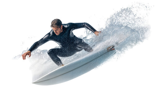 Surfing image of man riding wave on surfboard in wetsuit water sport fun on transparent background