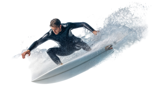 Surfing image of man riding wave on surfboard in wetsuit water sport fun on transparent background - Powered by Adobe
