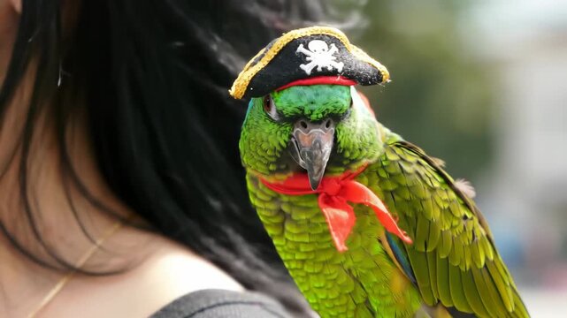 Exotic parrot on shoulder with pirate hat and bandana outdoors