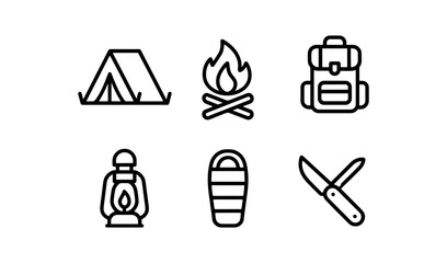 Minimalist camping icons: tent, campfire, backpack, lantern, sleeping bag, knife