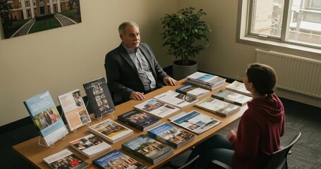 Discussion at a desk with educational materials displayed