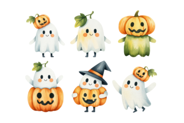 Whimsical Watercolor Halloween Ghost Characters Illustration