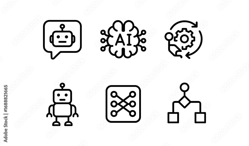 Aufkleber artificial intelligence icon set featuring robots and machine learning elements in linear style