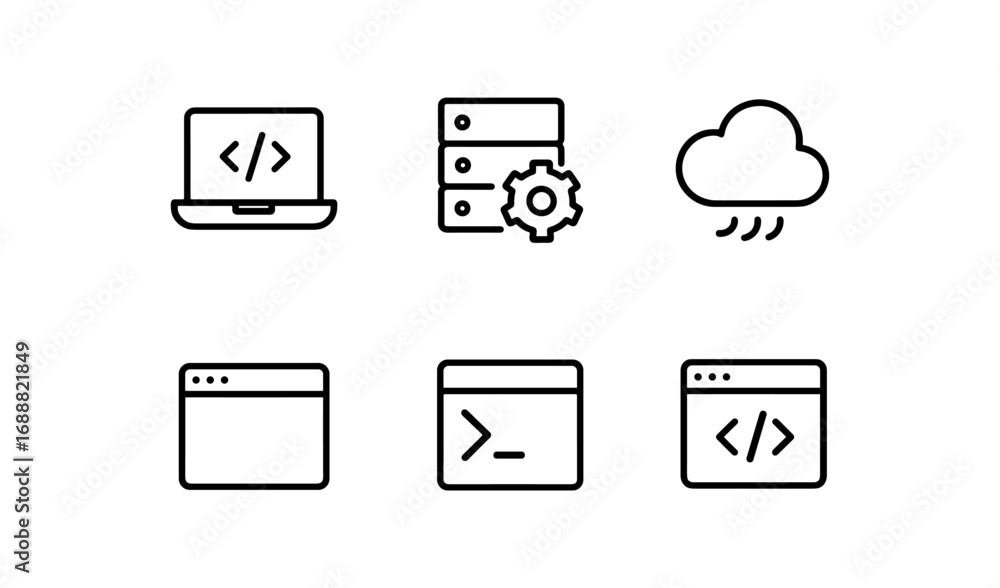 Aufkleber minimalist technology icon set featuring coding, cloud computing, and data management