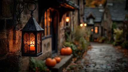 Obraz premium A Halloween banner Happy Halloween 2026 wallpaper hd realistic with old lantern lighting up a haunted village street
