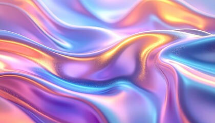 Obraz premium Abstract iridescent waves flow with vibrant colors of gold, purple, blue, and peach, creating a smooth, shimmering surface.