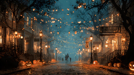 A Halloween banner Happy Halloween 2026 wallpaper hd realistic with cozy autumn street, pumpkin lights, and trick-or-treaters