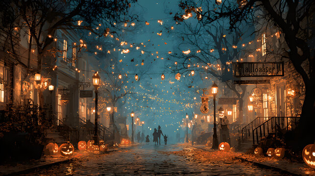 A Halloween banner Happy Halloween 2026 wallpaper hd realistic with cozy autumn street, pumpkin lights, and trick-or-treaters